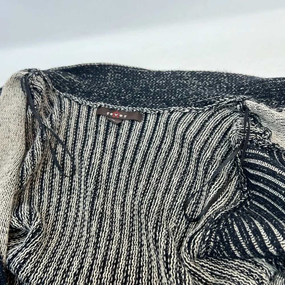Fever Open-Knit Long‎ Duster Cardigan Long Sleeve Black Cream Sweater Size XS